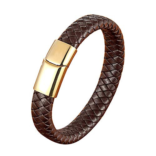Braided Leather Bracelets with Magnetic Clasp Mens Cuff Bracelets Braided Genuine Leather Bracelet Men Brown Black Leather Bracelets Italian Bangle for Men Ancient Bracelet Men -Brown-Gold- 8.2-