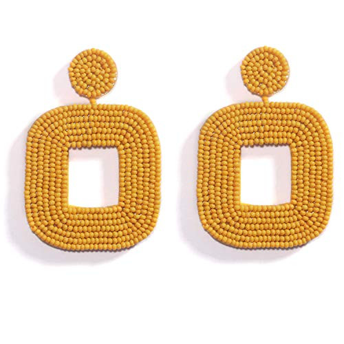 Bohemian Beaded Dangle Earrings Wire Wrapped Yellow Beaded Square Hoop Drop Statement Earrings-ER1171-Yellow-