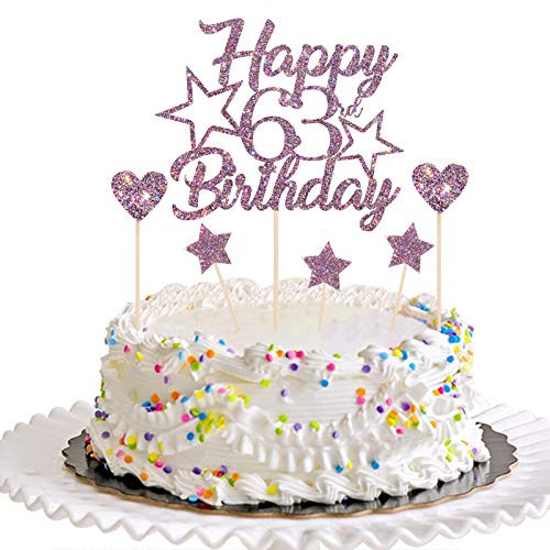 Dill-Dall Purple Glitter Happy 63rd Birthday Cake Topper with Cupcake Toppers - 63rd Birthday Cupcake Decoration- 63rd Birthday Cake Decor for Women or Men -63rd-