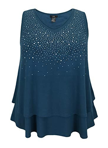 LEEBE Plus V-Neck Tier Tank -1X-5X- -1X- Studded Dark Teal-