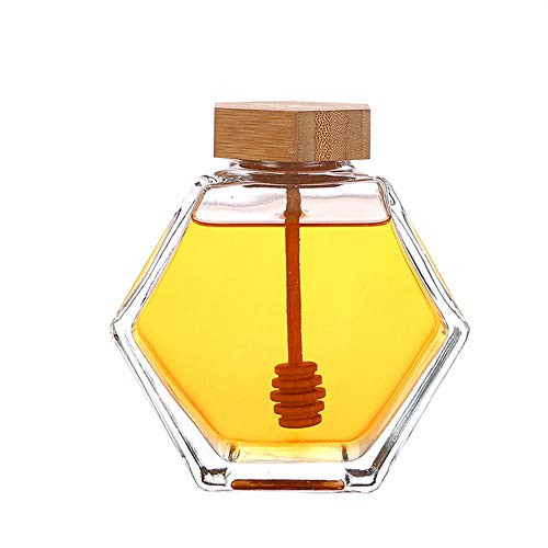 1PC Honey Jar Empty Refillable Clear Glass Hexagon Shape Honey Pot Container with Wooden Cork Lid and Dipper Honey Syrup Beehive Storage Sealed Tank for Home Kitchen -220ml /7.43oz-