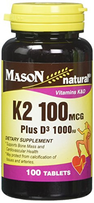 Mason Natural Vitamin K2 100 mcg Plus D3 1000 IU Tablets 100 Count per Bottle Pack of 3 Total 300 Tablets Mason Natural Vitamin K2 100 mcg Plus D3 1000 IU Tablets 100 Count per Bottle Pack of 3 Total 300 Tablets