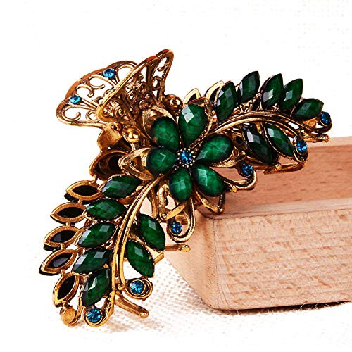 Suoirblss Large Metal Rhinestone Alloy Hair Claw Jaw Clip Retro Flowers Hair Clip Fancy Hair Barrette Clamp for Women and Girls Thick Hair -Green-