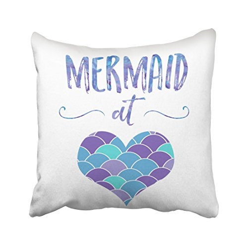 Emvency Decorative Throw Pillow Cover Square Size 18x18 Inches Cute Purple and Teal Mermaid at Heart Pillowcase with Hidden Zipper Decor Fashion Cushion Gift for Home Sofa Bedroom Couch Car