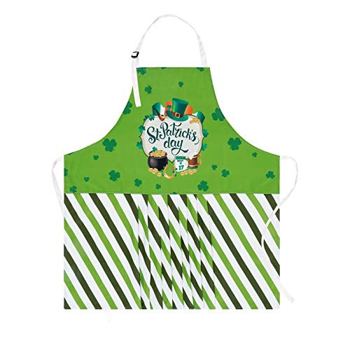 Claswcalor St. Patrick's Day Kitchen Apron for Women- Black and Green Striped Apron- Waterproof Shamrock Clover Cooking Apron with Adjustable Strap for St. Patrick's Day Party- BBQ