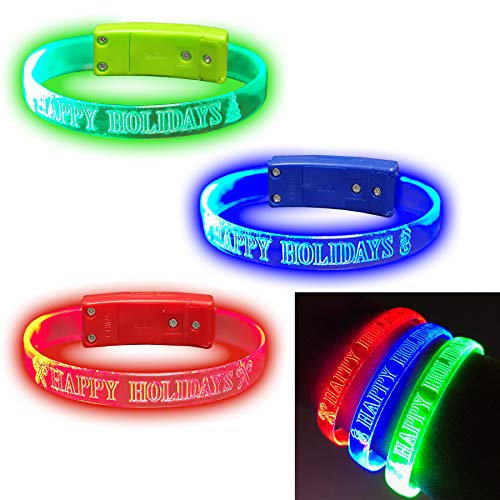 Glowmaker LED Light Up Christmas Holiday Wristbands / Bracelets -Pack of 3-- Red- Green- Blue LED Light