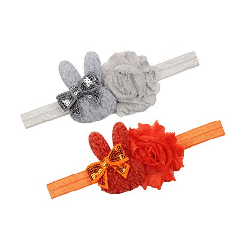 Easter Flower Headband Bunny with Bow Easter Rabbit Ear Baby Hair Band Bows JHE42 -Set-Orange Grey-
