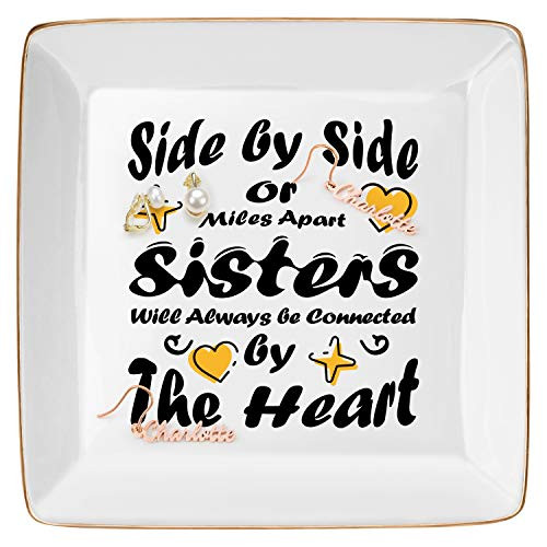 DOIOWN Ring Trinket Dish Jewelry Trays Ceramic Ring Decorative Trinket Dish Plate -Side by Side or Miles Apart Sisters Will Always be Connected by The Heart-