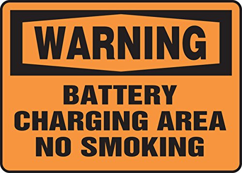 Accuform MELC307XV Adhesive Sign- LegendinchWarning Battery Charging Area NO Smokinginch- 7inch Length x 10inch Width x 0.006inch Thickness- Dura-Vinyl- Black on Orange