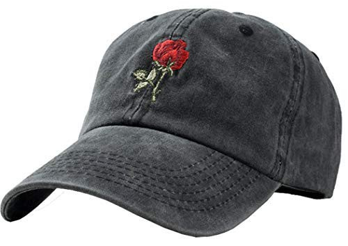 FGSS Unisex Rose Embroidered Adjustable Strapback Dad Hat Baseball Cap Mutiple Colors -Free- Washed Black-