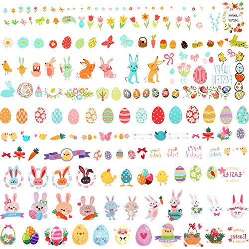 26 Sheets 340 Plus Pieces Easter Tattoo Stickers Easter Tattoos Kids Cartoon Tattoos Stickers Bunny Egg Temporary Tattoos Easter Cartoon Stickers for Easter Tattoos Party Favor Decoration