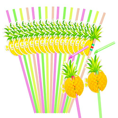 Hysagtek 50 Pcs Pineapple Drinking Straws Bendable Cocktail Straws Pineapple Straw Decorations for Luau Party- Pool Party- Birthday Party- Hawaiian Party Decor Tableware Decoration- Colorful