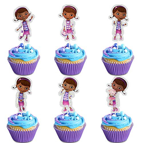 LYNHEVA Glitter Doc Mcstuffin Inspired Cupcake Topper- Doc Mcstuffin Toy Hospital Theme Party Supplies- Doc Mcstuffin Girls Birthday Party Favor