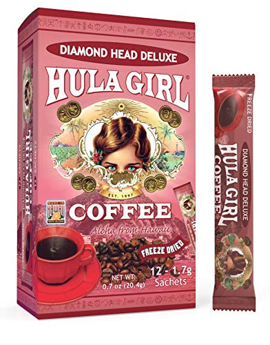 Hula Girl 10 percent Kona Freeze Dried Instant Coffee Sachet -Diamond Head Deluxe- Box of 12-