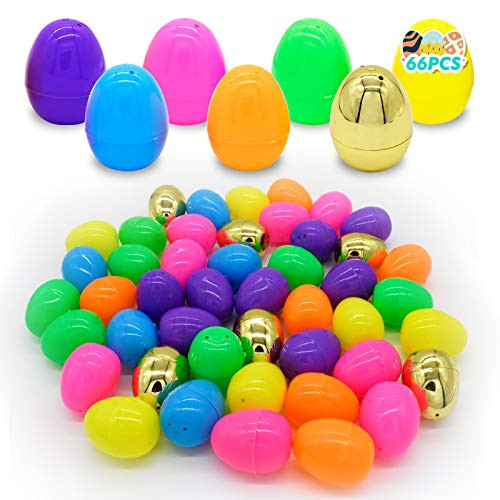 Kissdram 60 Pieces 2.4 in Easter Eggs Plus 6 Golden Eggs for Filling Specific Treats- Easter Theme Party Favor- Easter Eggs Hunt- Basket Stuffers Filler- Classroom Prize Supplies Toy