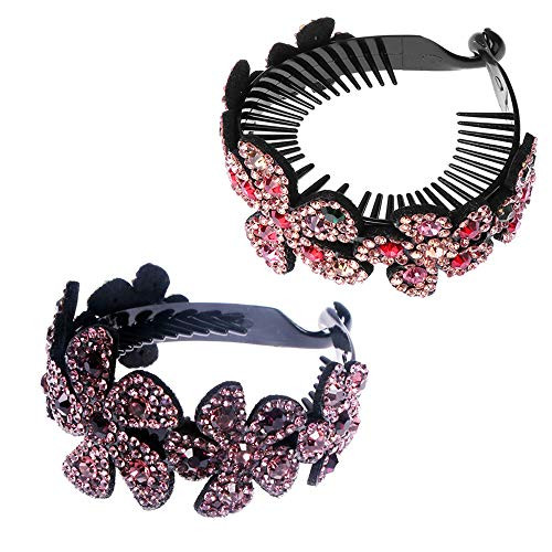 ISKYBOB 2 Pieces Rhinestone Flower Ponytail Holder Twist Bun Shaper Women Hair Grips Claw- Wine RedPlusMulticolored