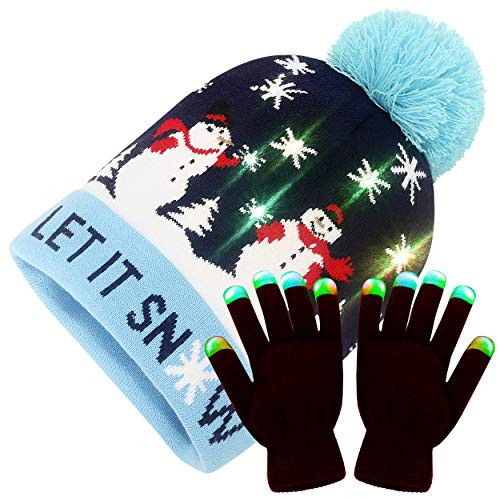 LED Light Up Christmas Hat And Gloves - Xmas Beanie Knit Novelty Cap - Ugly Sweater Holiday Theme -Let is Snow - Snowman-