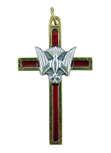 Gold and Silver Toned Red Enamel Confirmation Cross Pendant, 1 1/2 Inch