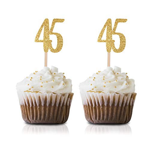 Gold Happy 45th Birthday Cupcake Topper- 24-Pack Number 45 Glitter Birthday Party Cupcake Toppers- Decorations
