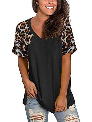 Uincloset Women's Leopard Print Patchwork Short Sleeve V Neck T Shirt Casual Tops Blouses -Black-X-Large-