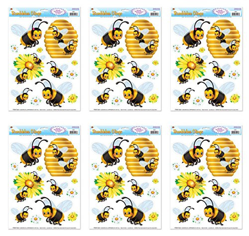Beistle S54427AZ6, 6 Sheets Bumblebee Window Clings, 12" x 17" sheet