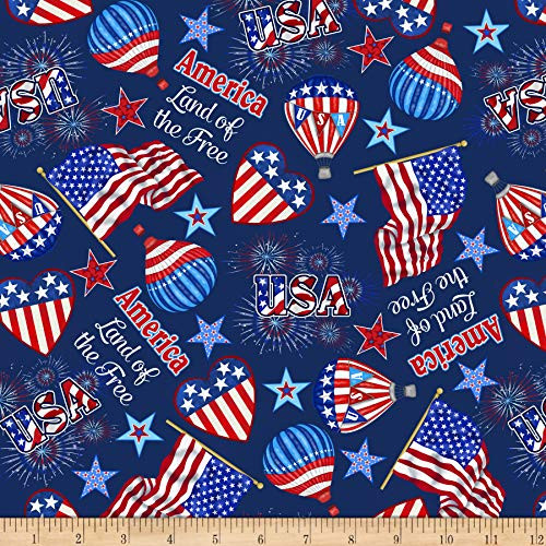 Studio E Fabrics America: Land Of The Free Tossed Flag Icons Navy Fabric Fabric by the Yard