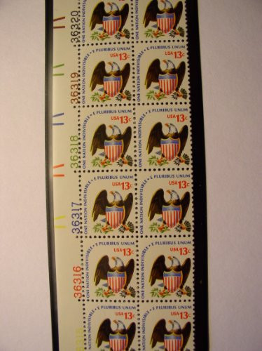 US Postage Stamps- 1975- Americana Issue- Eagle  and  Shield- S 1596- Plate Block of 12 13 Cent Stamps- MNH