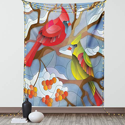 Lunarable Cardinal Tapestry Twin Size- Stained Glass Style North American Mountain Birds Sitting on a Rowan Tree Branch- Wall Hanging Bedspread Bed Cover Wall Decor- 68inch X 88inch- Umber Blue