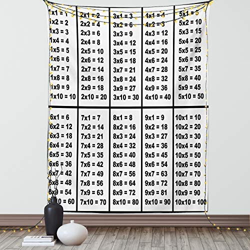 Lunarable Mathematics Room Tapestry King Size- Calculation Table of Multiplication Algebra Study Chart Count- Wall Hanging Bedspread Bed Cover Wall Decor- 23inch X 28inch- Black and White