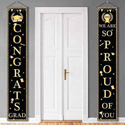 Large Congrats Grad Banner for Grad Decorations 2021 - No DIY | Black and Gold We Are So Proud of You Banner | Class of 2021 Decorations | Graduation Sign Door Banner for 2021 Graduation Decorations