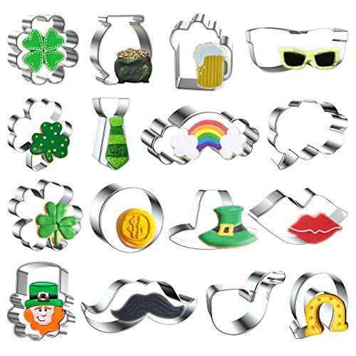 St. Patrick's Day Cookie Cutter Large Set Irish -16 Pcs Stainless Steel- Four Leaf Clover - 2 - - Shamrock- Leprechaun Head- Pot of Gold- Necktie- Coin- Beard- Beer Mug- Rainbow