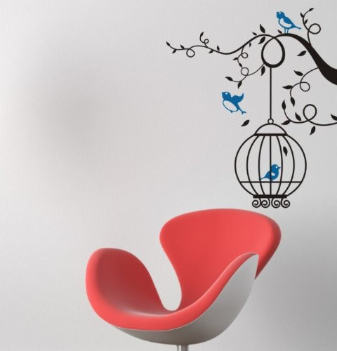 Homemate Home Decor Vinyl Wall Sticker Blue Birds Cages Hang in the Tree Branch Room Decal Art Mural Wallpaper