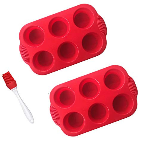 6-Cup Creative binaural Silicone Muffin Pan- Pack of 2 Non-Stick Muffin Cupcake Molds -red-