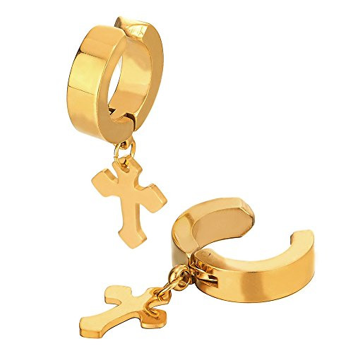Steel Gold Color Huggie Hinged Hoop Ear Clip Non-piercing Clip on Earrings with Cross- Mens Women