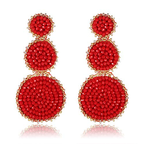 CEALXHENY Bead Earrings for Women Handmade Seed Bead Dangle Earrings Statement Long Triple Round Drop Earrings Gift for Bridal Wedding Parties -Red-