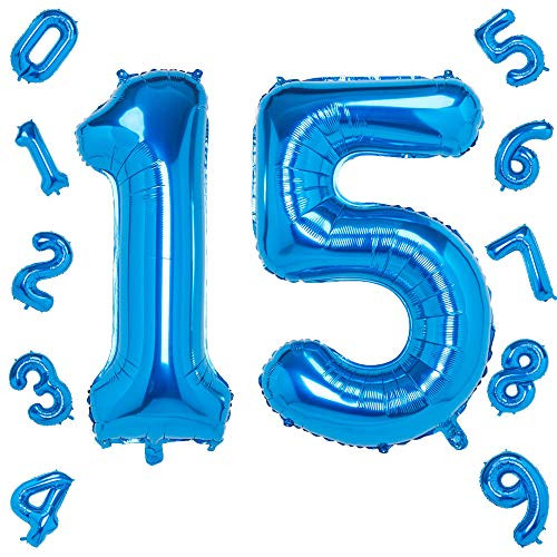 Blue Number 15 Balloons-40 Inch Birthday Number Balloon Party Decorations Supplies Helium Foil Mylar Digital Balloons -Blue Number 15-