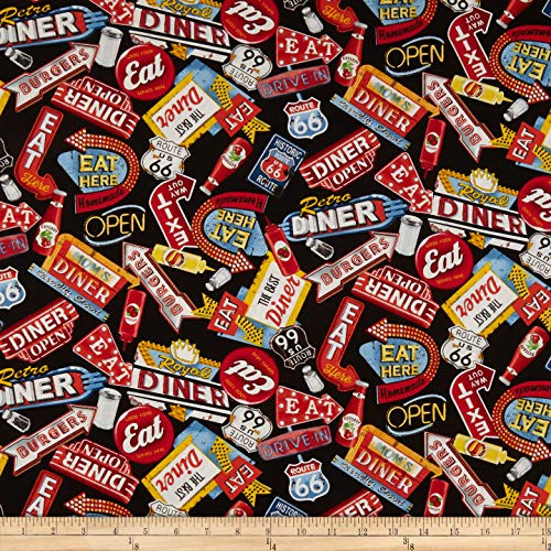 Timeless Treasures Mom's Diner Signs Black Fabric Fabric by the Yard