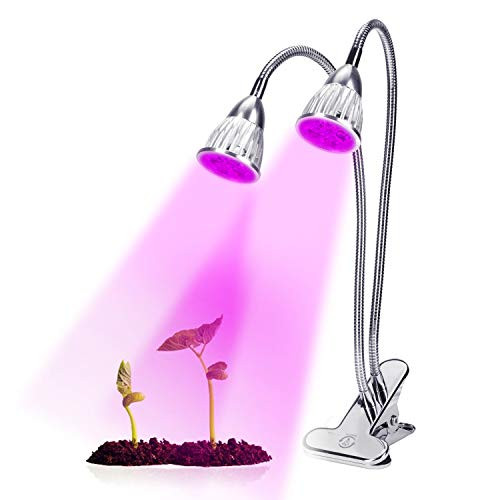 Grow Light 20W Dual Head Timing Full Spectrum Grow Light- 10 LED 4 Dimmable Levels Plant Grow Lights for Indoor Plants with Red/Blue Spectrum- Adjustable Gooseneck- 3 Switch Modes