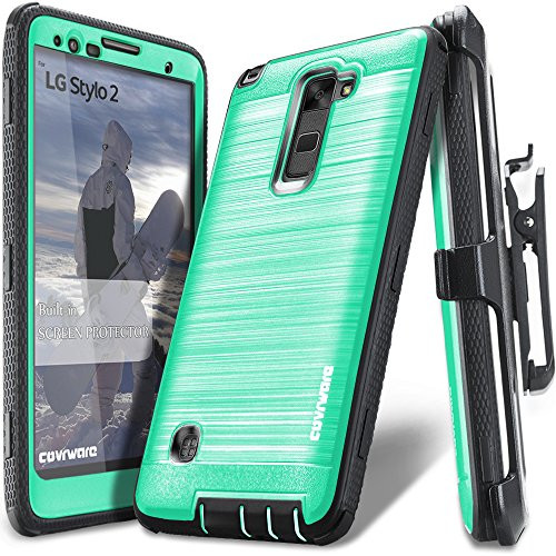 COVRWARE Iron Tank CASE for LG Stylo 2 / Stylo 2 Plus / Stylo 2 V- Built-in Screen Protector Heavy Duty Full-Body Rugged Holster Armor -Brushed Metal Texture Design- Case Belt Clip Kickstand- Teal