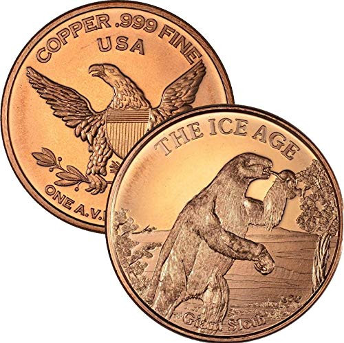 Jig Pro Shop Dinosaur  and  Ice Age Series 1 oz .999 Pure Copper Round/Challenge Coin -Giant Sloth-