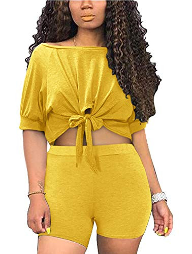 Biker Shorts Sets for Women - Sexy Short Sleeve Crop Tops Plus Skinny Shorts Tracksuit XX-Large Solid Yellow