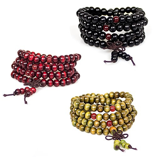 Jewelry-3Pcs 8mm Wood Beaded Tibetan Buddhist Sandalwood 108 Prayer Buddha Mala Beads Chinese Knot Bracelet Elastic Necklace-Red Black Green- Jewelry-3Pcs 8mm Wood Beaded Tibetan Buddhist Sandalwood 108 Prayer Buddha Mala Beads Chinese Knot Bracelet Elastic Necklace-Red Black Green-
