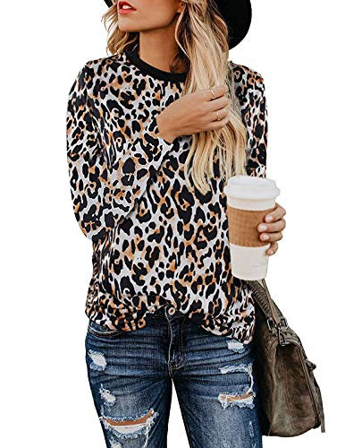 Women Leopard Print Tops Plus Size Long Sleeve Basic Tee Casual Blouse Orange XXL