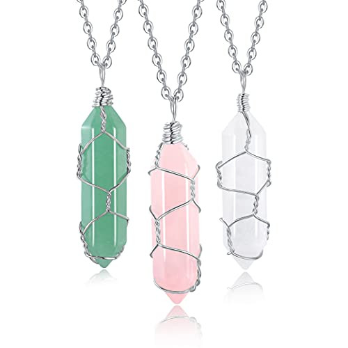 XIANNVXI 3Pcs Healing Crystal Stone Necklaces Rose Quartz Clear Quartz Green Aventurine Silver Wire Wrapped Hexagonal Gemstone Pendant Necklace Spiritual Natural Reiki Point Jewelry for Women Girls