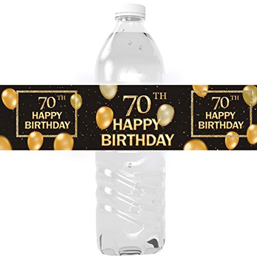 70th Happy Birthday Party Water Bottle Labels - 70th Birthday Water Bottle Decorations Cake Table Decorations Gifts - 24 Shiny Foil Stickers -Black-