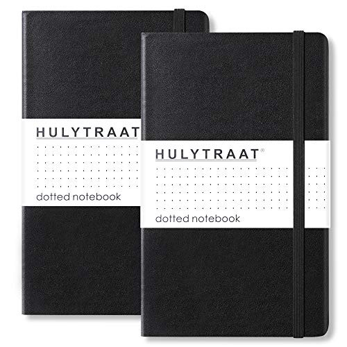 HULYTRAAT Classic Dotted Notebook -Pack of 2-- Premium Hard Cover Faux Leather Journal- 5 x 8.25inch- 100 gsm Ivory White Acid-Free Paper- 160 Dot Grid Pages per Book- Black