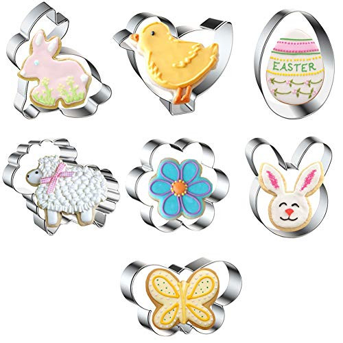 Easter Cookie Cutter Set- 7 Pcs Easter Cookie Cutters Egg- Bunny Ear- Rabbit- Butterfly- Flower- Sheep- Chick Stainless Steel Biscuit Cutters for Easter Biscuits