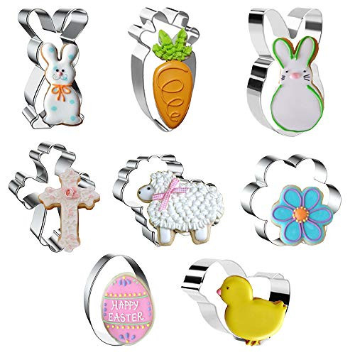 Easter Cookie Cutter Set- 8 Pcs Easter Cookie Cutters Egg- Bunny- Rabbit- Carrot- Flower- Cross- Sheep- Chick Stainless Steel Biscuit Cutters for Easter Biscuits