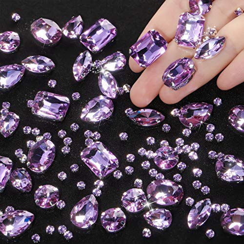 156 Pieces Clear Sew On Glass Rhinestones Metal Prong Setting Flatback Rhinestones Sewing Claw Crystals Rhinestones Mixed Shapes for Craft- Clothes- Shoes- Dress- Jewelry Making -Crystal Purple-