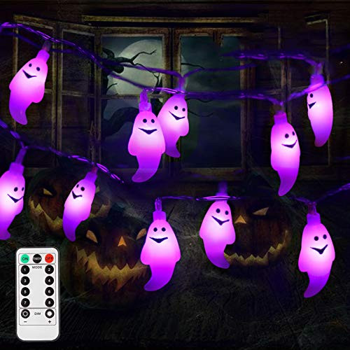 Litake Halloween Ghost String Lights - 30LEDs 8 Lighting Modes Halloween Lights with Remote Controller- Battery Operated Waterproof String Lights for Indoor Outdoor Halloween Decorations -Purple-
